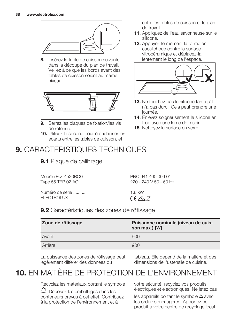 Caractéristiques techniques, 1 plaque de calibrage, 2 caractéristiques des zones de rôtissage | En matière de protection de l'environnement | Electrolux EQT4520BOG User Manual | Page 38 / 60