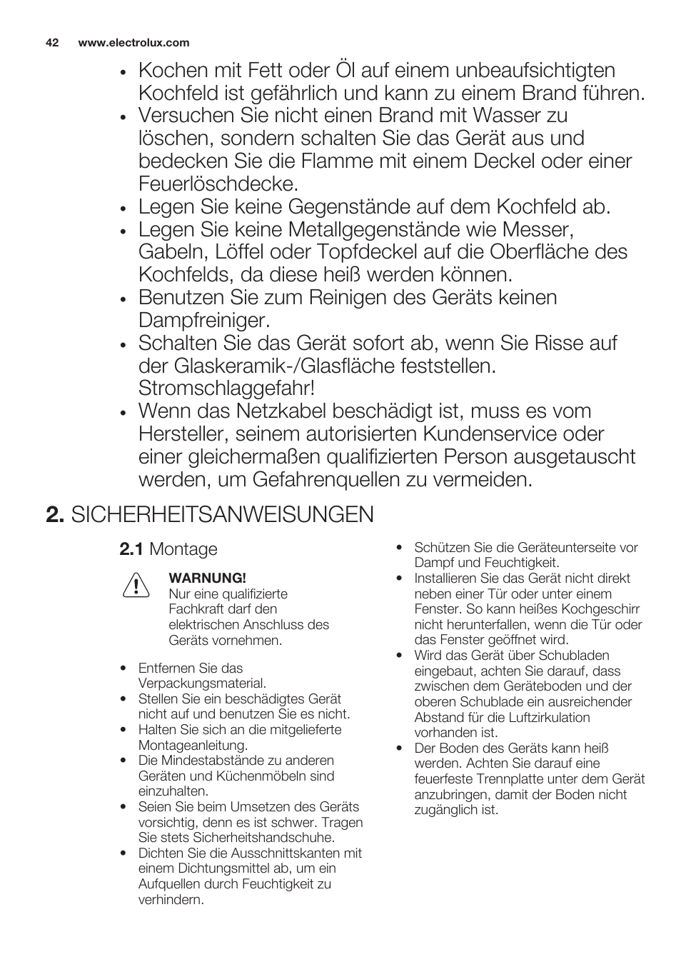 Sicherheitsanweisungen, 1 montage, Legen sie keine gegenstände auf dem kochfeld ab | Electrolux EQT4520BOG User Manual | Page 42 / 60