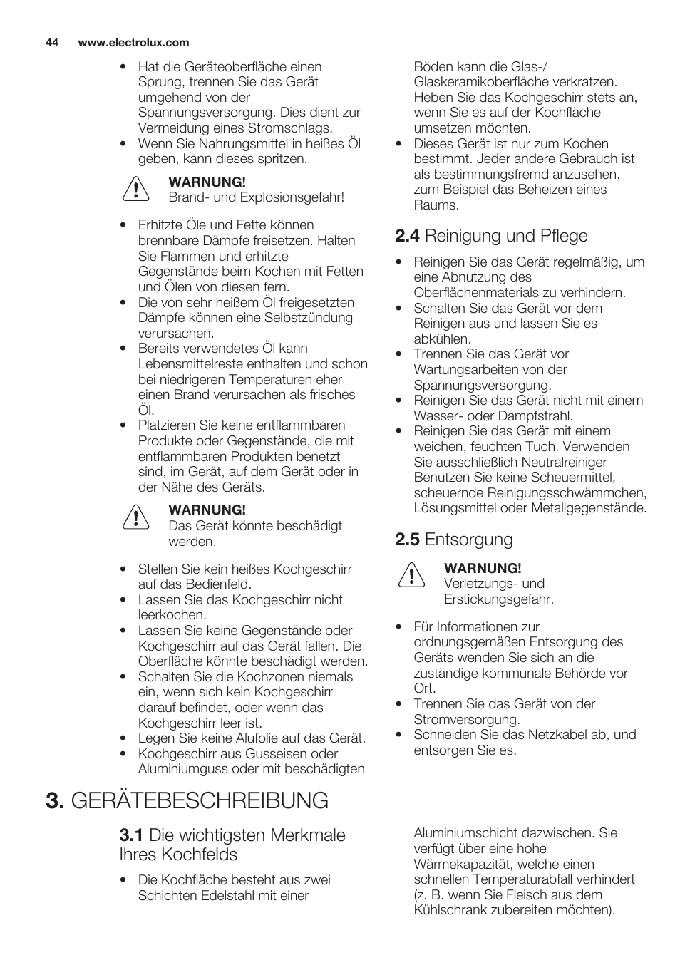 4 reinigung und pflege, 5 entsorgung, Gerätebeschreibung | 1 die wichtigsten merkmale ihres kochfelds | Electrolux EQT4520BOG User Manual | Page 44 / 60