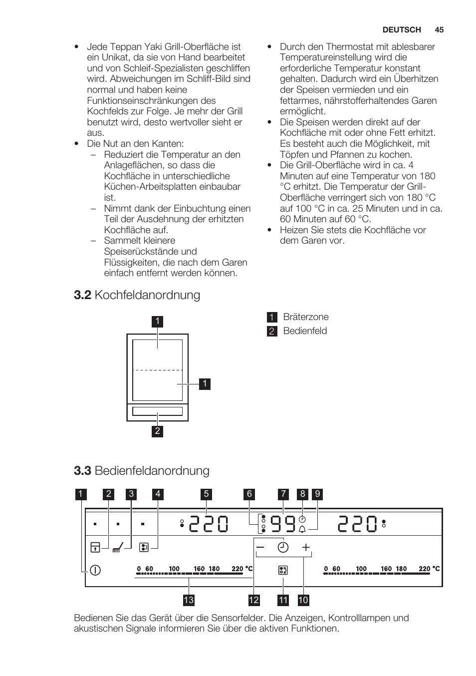 2 kochfeldanordnung, 3 bedienfeldanordnung | Electrolux EQT4520BOG User Manual | Page 45 / 60
