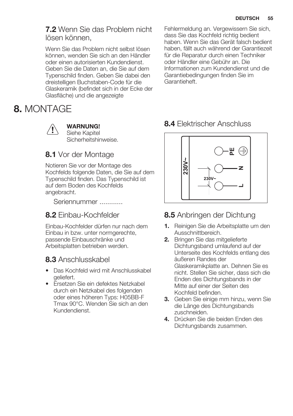 2 wenn sie das problem nicht lösen können, Montage, 1 vor der montage | 2 einbau-kochfelder, 3 anschlusskabel, 4 elektrischer anschluss, 5 anbringen der dichtung | Electrolux EQT4520BOG User Manual | Page 55 / 60