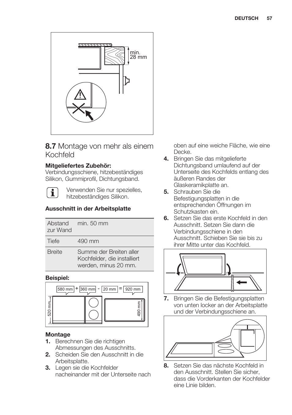 7 montage von mehr als einem kochfeld | Electrolux EQT4520BOG User Manual | Page 57 / 60