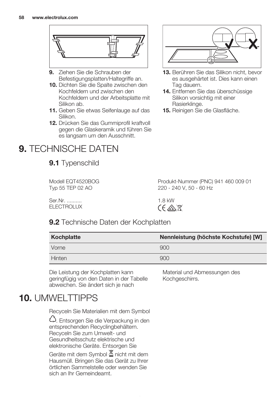 Technische daten, 1 typenschild, 2 technische daten der kochplatten | Umwelttipps | Electrolux EQT4520BOG User Manual | Page 58 / 60
