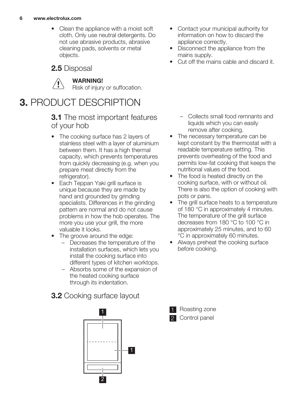 5 disposal, Product description, 1 the most important features of your hob | 2 cooking surface layout | Electrolux EQT4520BOG User Manual | Page 6 / 60