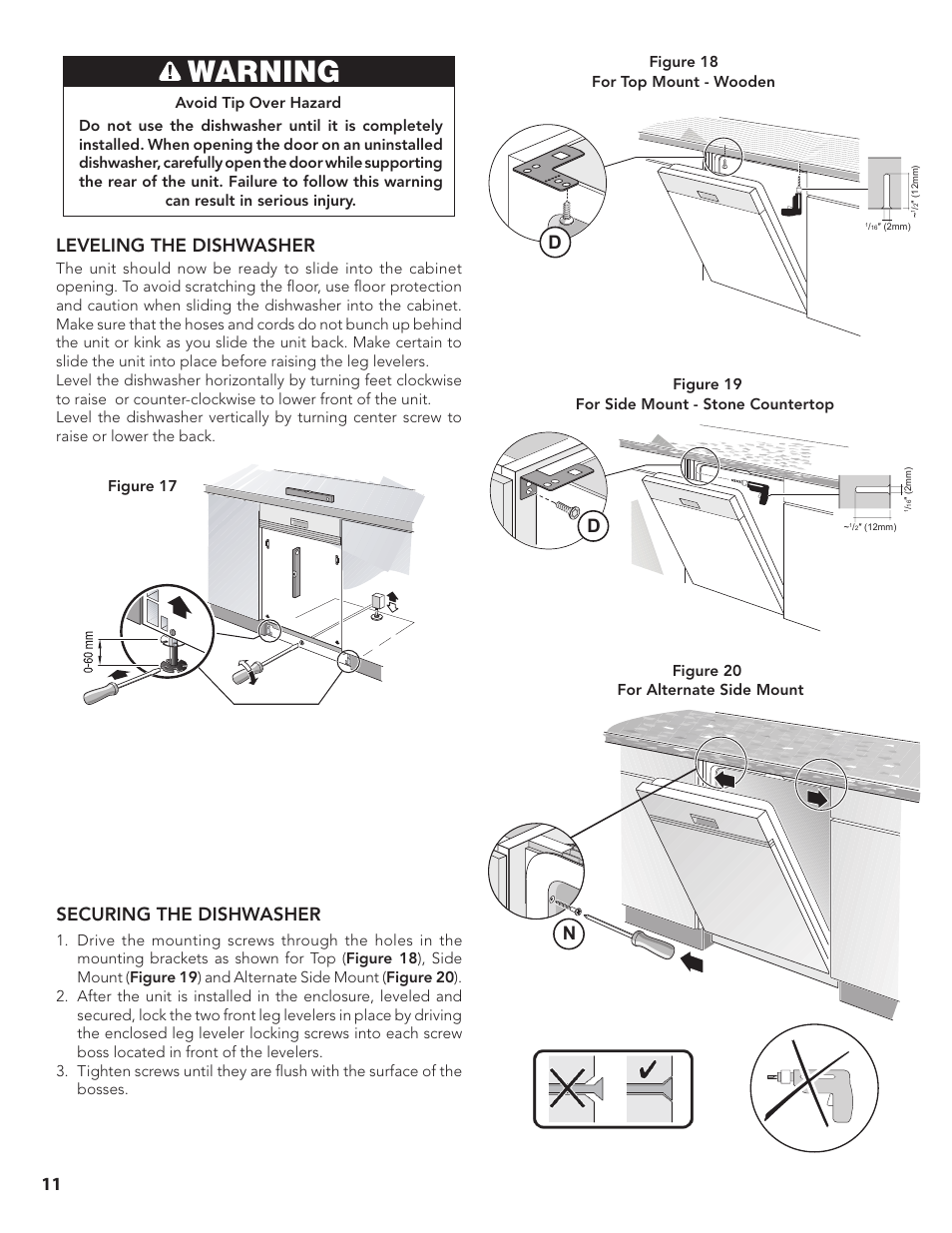 Warning, 11 leveling the dishwasher securing the dishwasher | Bosch SGE63E15UC User Manual | Page 12 / 39