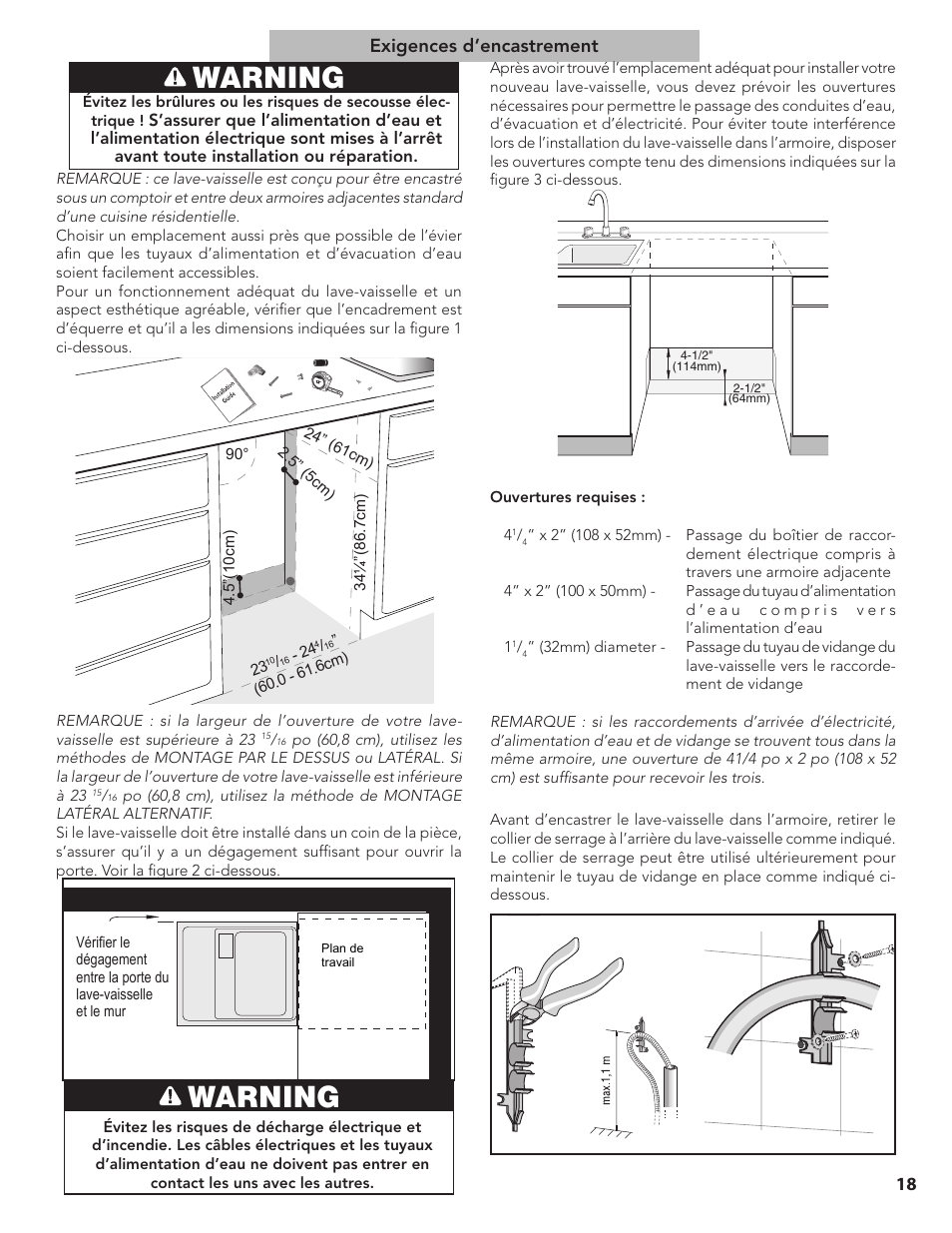 Warning, 18 exigences d’encastrement | Bosch SGE63E15UC User Manual | Page 19 / 39