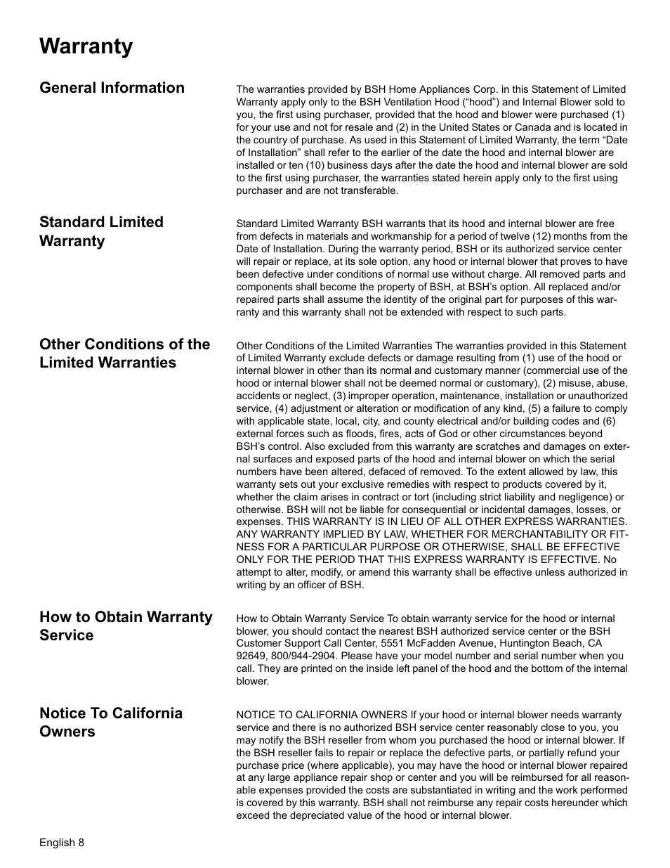 Extended limited warranty, Out of warranty product, Warranty exclusions | Warranty | Bosch DHL755BUC User Manual | Page 10 / 32