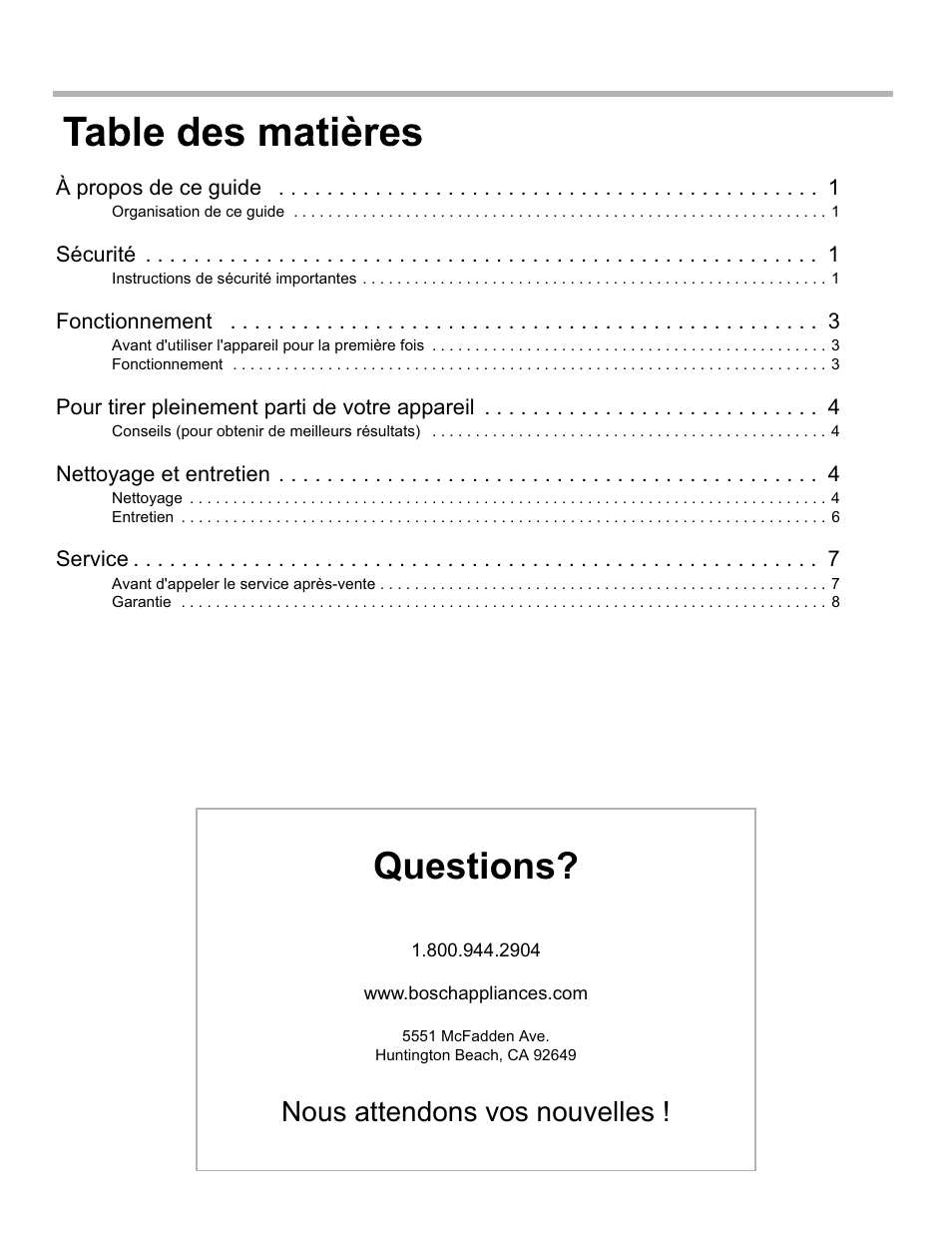Questions, Nous attendons vos nouvelles | Bosch DHL755BUC User Manual | Page 12 / 32