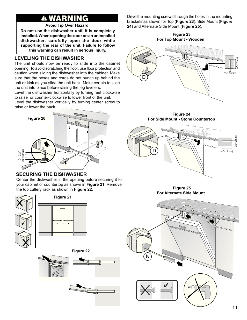 Warning, Leveling the dishwasher securing the dishwasher | Bosch SHE9PT55UC User Manual | Page 11 / 38