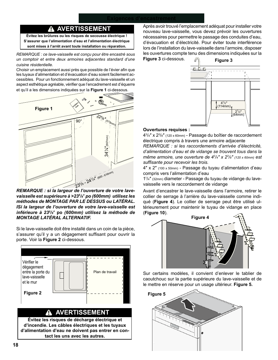 Warning, Avertissement, Exigences d’encastrement | Bosch SHE9PT55UC User Manual | Page 18 / 38