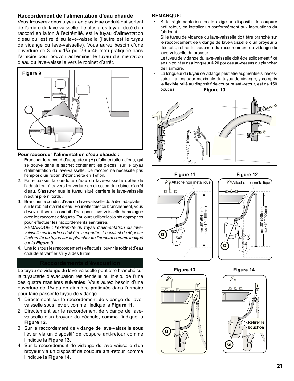 Raccordements d’évacuation, Raccordement de l’alimentation d’eau chaude | Bosch SHE9PT55UC User Manual | Page 21 / 38