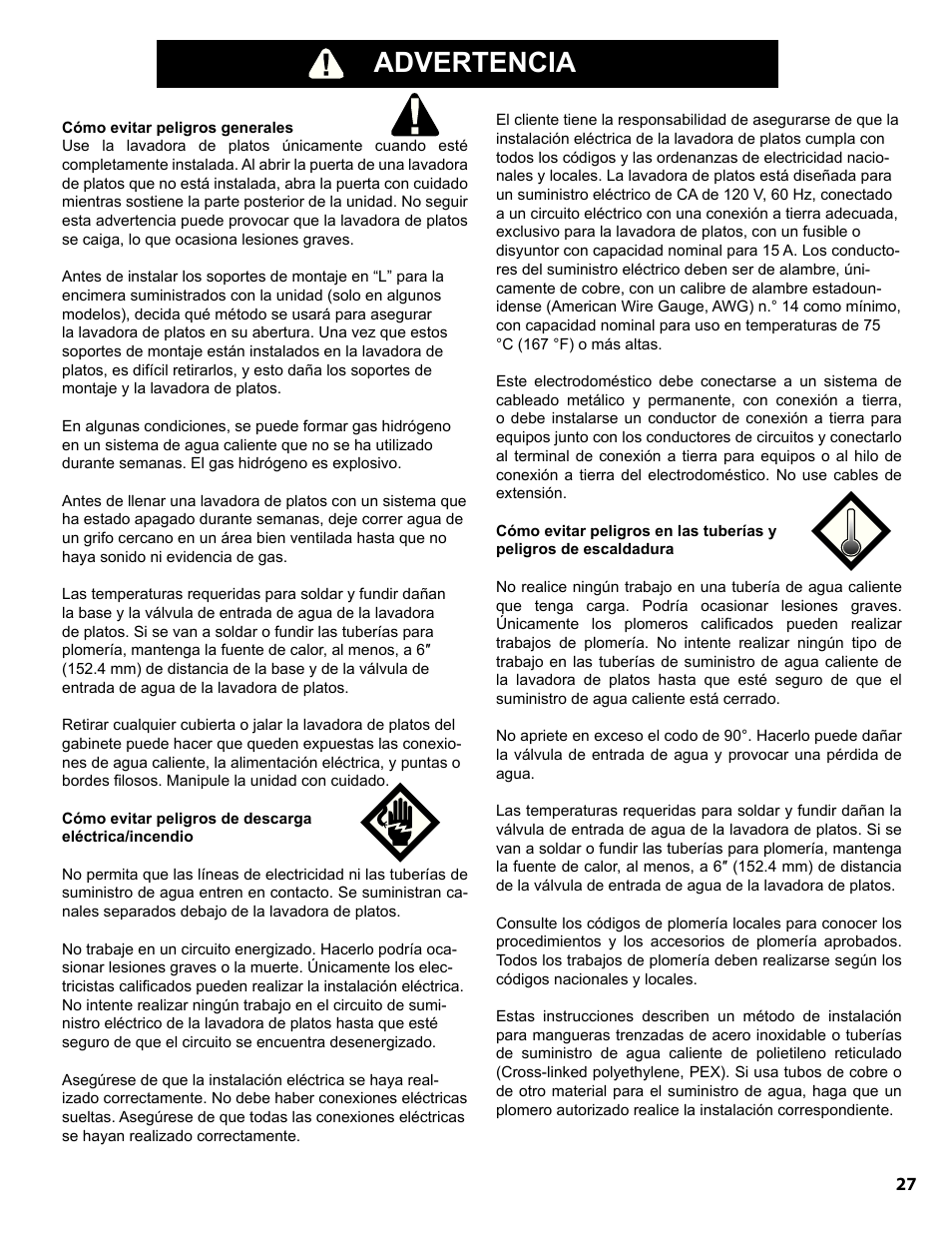 Warning, Advertencia | Bosch SHE9PT55UC User Manual | Page 27 / 38