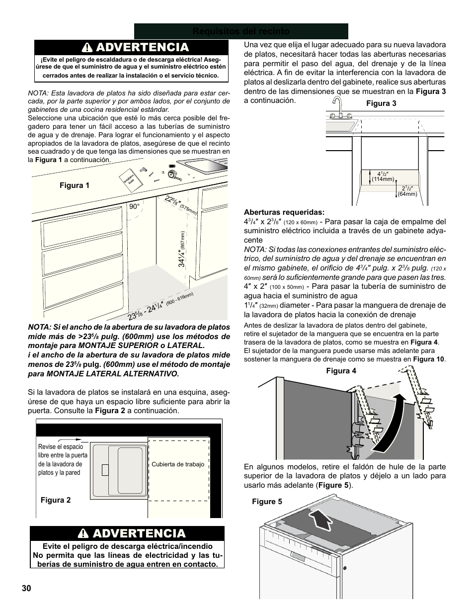 Warning, Advertencia, Requisitos del recinto | Bosch SHE9PT55UC User Manual | Page 30 / 38