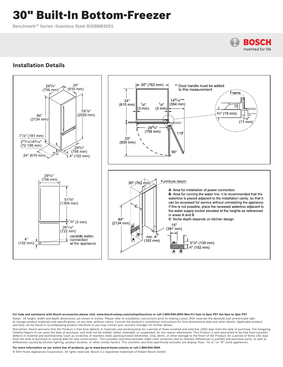 30" built-in bottom-freezer, Installation details | Bosch B30BB830SS User Manual | Page 2 / 2