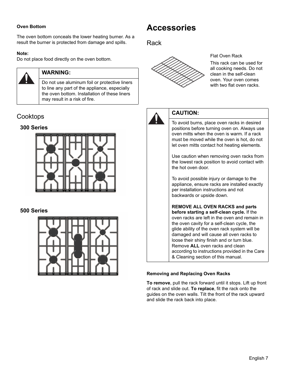 Oven bottom, Note, Warning | Cooktops, Accessories, Caution, Removing and replacing oven racks, Rack | Bosch HGS3023UC User Manual | Page 10 / 96