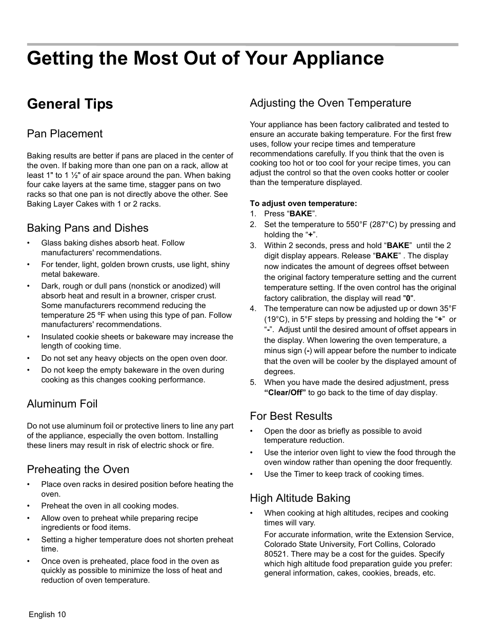 Getting the most out of your appliance, General tips, Pan placement | Baking pans and dishes, Aluminum foil, Preheating the oven, Adjusting the oven temperature, For best results, High altitude baking | Bosch HGS3023UC User Manual | Page 13 / 96