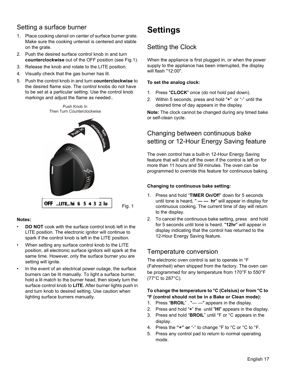 Setting a surface burner, Release the knob and rotate to the lite position, Visually check that the gas burner has lit | Notes, Setting the clock, To set the analog clock, Press "clock" once (do not hold pad down), Changing to continuous bake setting, Temperature conversion, Settings | Bosch HGS3023UC User Manual | Page 20 / 96