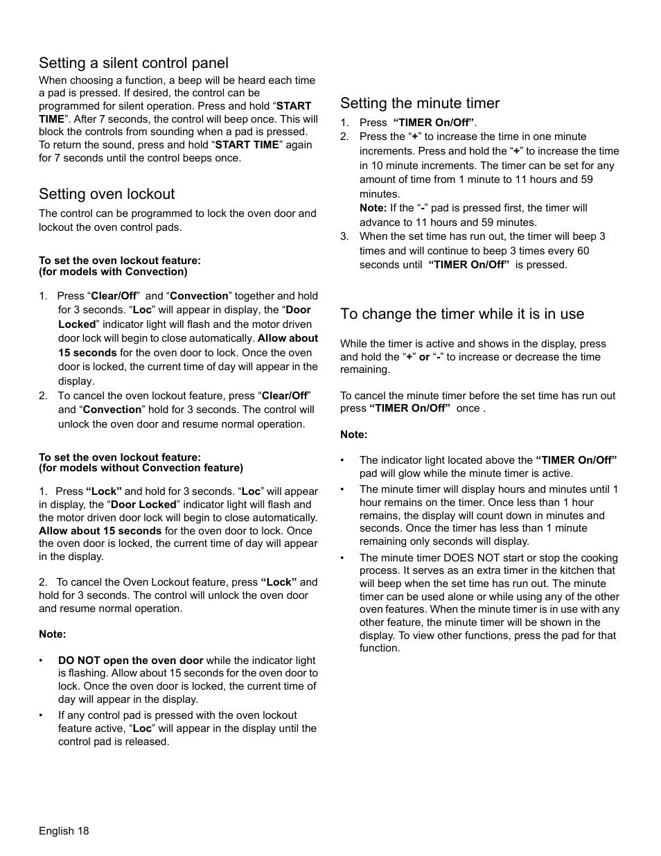 Setting a silent control panel, Setting oven lockout, Setting the minute timer | To change the timer while it is in use | Bosch HGS3023UC User Manual | Page 21 / 96