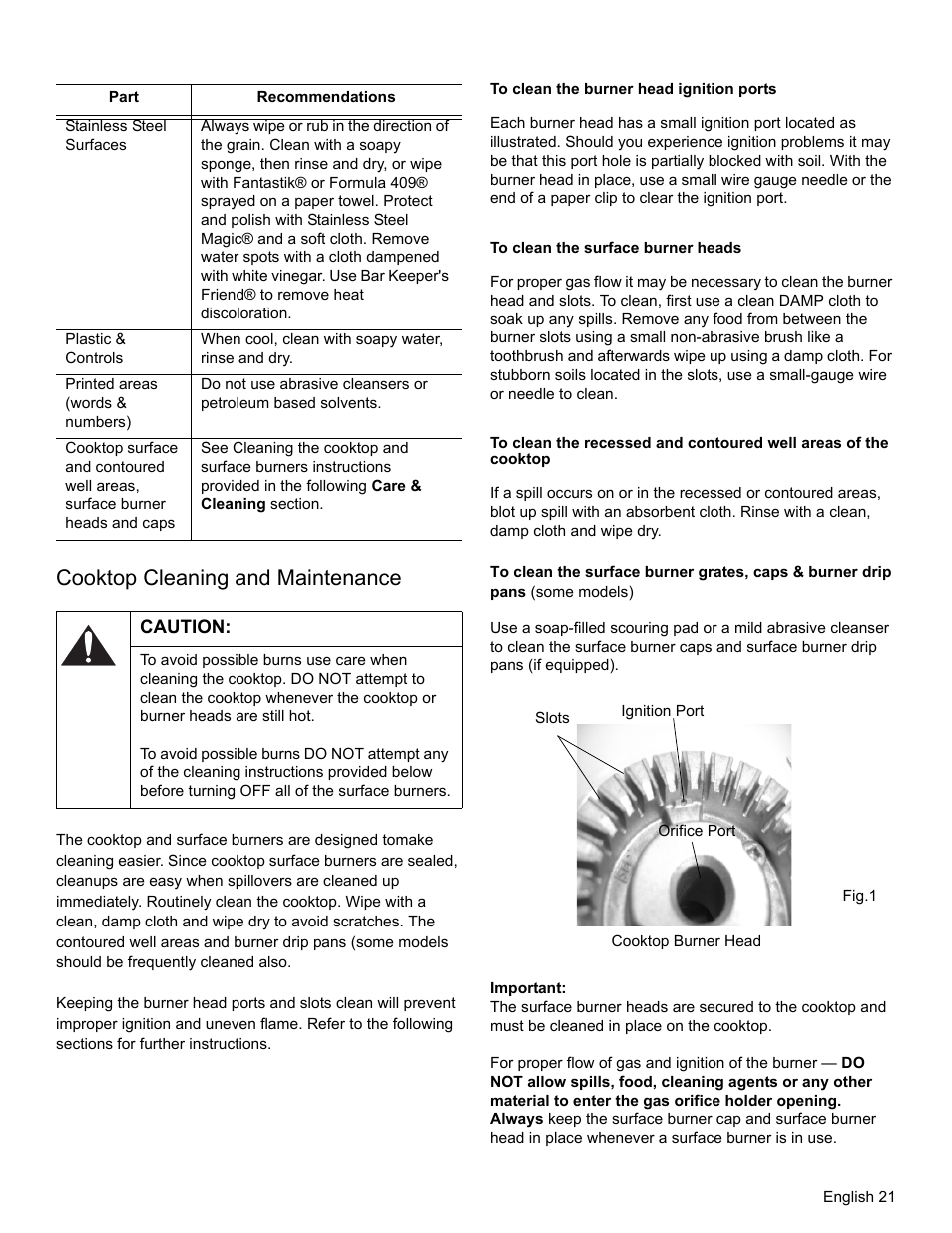 Cooktop cleaning and maintenance, Caution, To clean the burner head ignition ports | To clean the surface burner heads, Important | Bosch HGS3023UC User Manual | Page 24 / 96