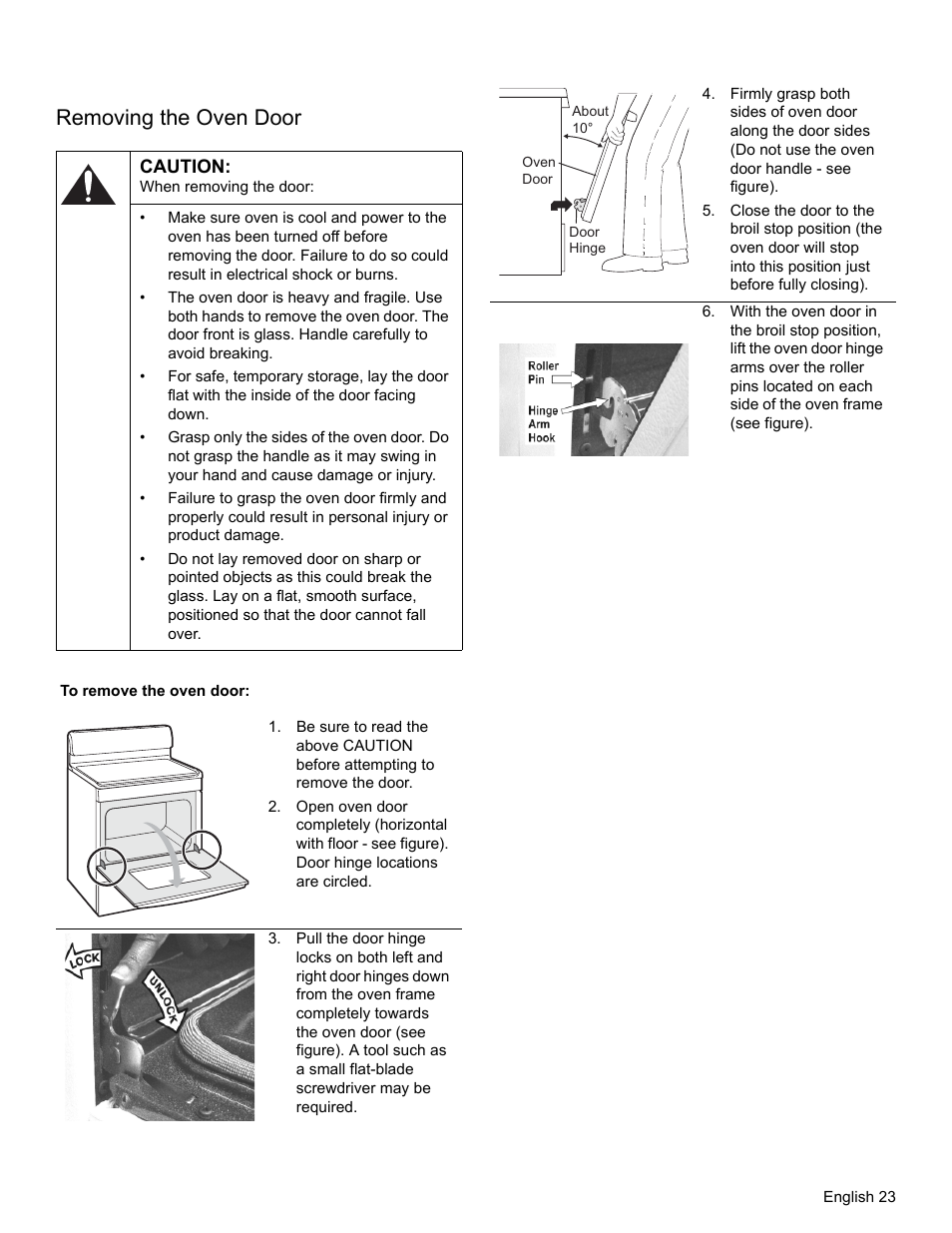 Removing the oven door, Caution, To remove the oven door | Bosch HGS3023UC User Manual | Page 26 / 96