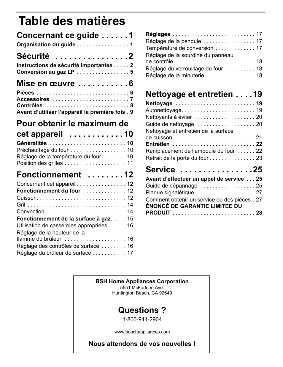 Concernant ce guide 1, Organisation du guide 1, Sécurité 2 | Instructions de sécurité importantes 2, Conversion au gaz lp 5, Mise en œuvre 6, Pièces 6, Accessoires 7, Contrôles 8, Avant d’utiliser l’appareil la première fois 9 | Bosch HGS3023UC User Manual | Page 33 / 96