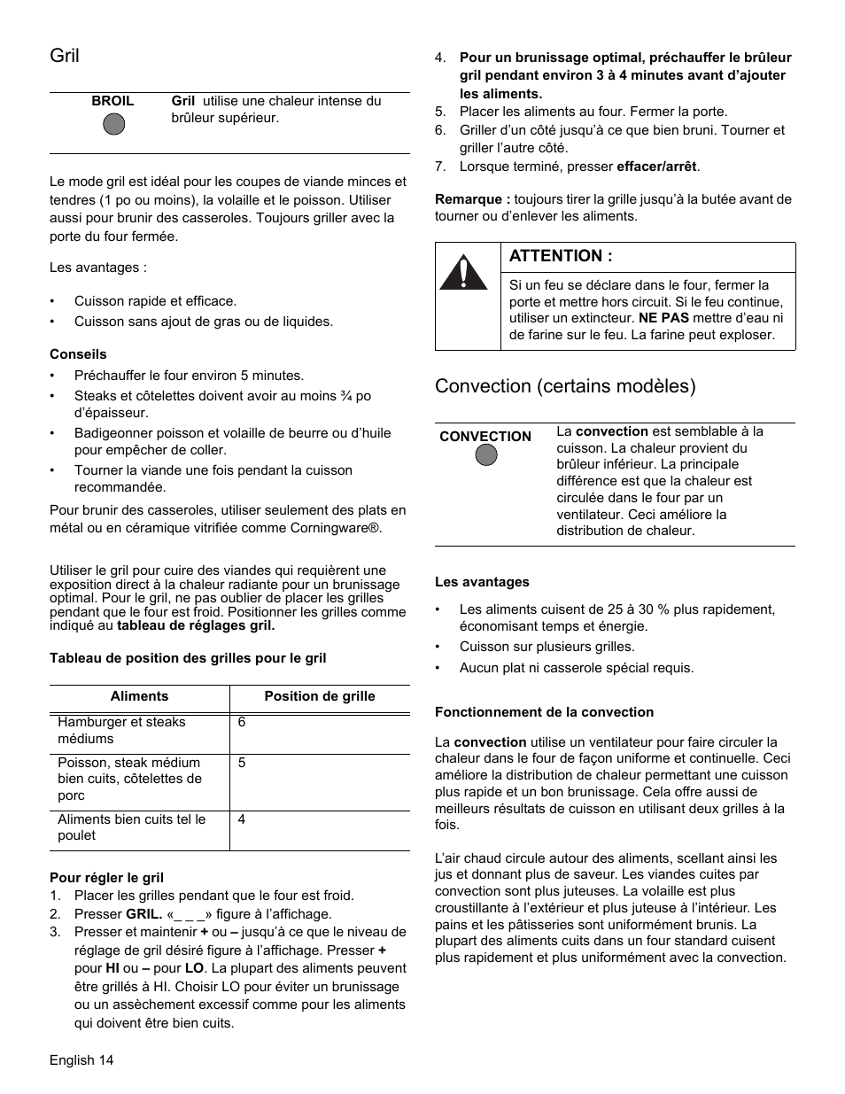 Gril, Conseils, Attention | Convection (certains modèles), Les avantages, Fonctionnement de la convection | Bosch HGS3023UC User Manual | Page 47 / 96