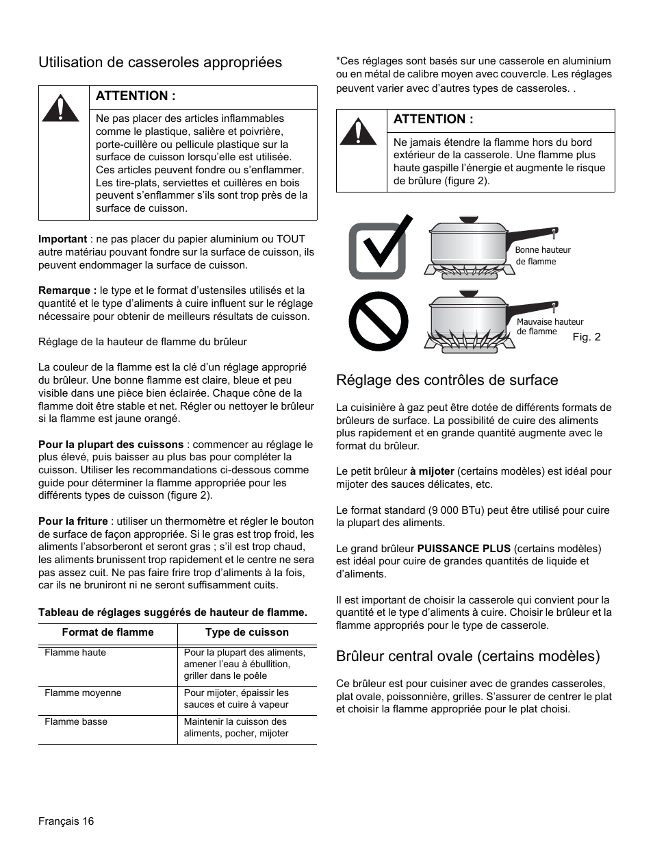 Utilisation de casseroles appropriées, Attention, Réglage des contrôles de surface | Brûleur central ovale (certains modèles) | Bosch HGS3023UC User Manual | Page 49 / 96