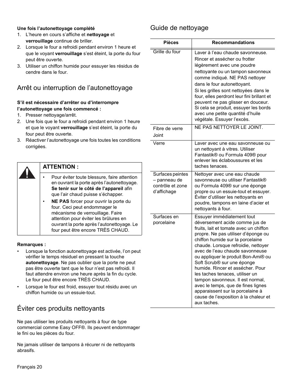 Arrêt ou interruption de l’autonettoyage, Attention, Éviter ces produits nettoyants | Guide de nettoyage | Bosch HGS3023UC User Manual | Page 53 / 96