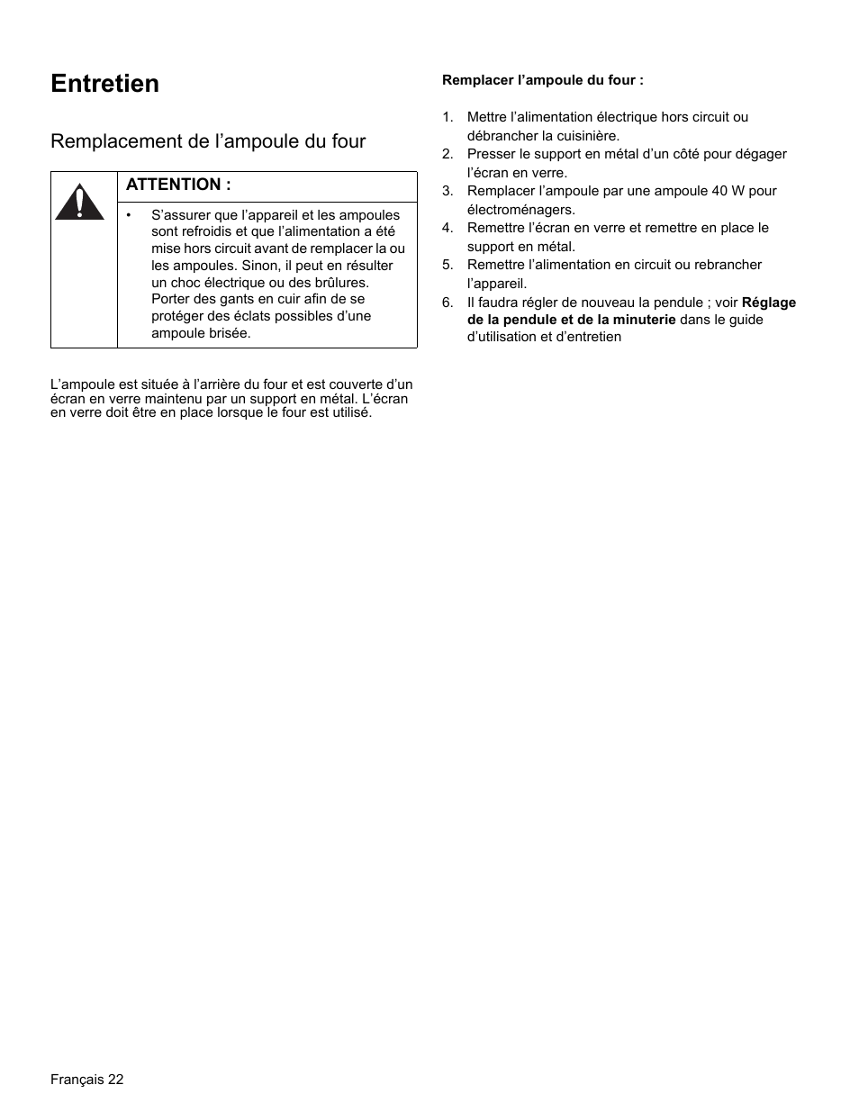 Entretien, Remplacement de l’ampoule du four, Attention | Bosch HGS3023UC User Manual | Page 55 / 96