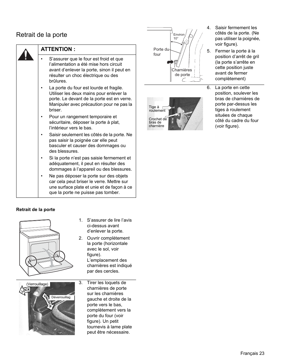 Retrait de la porte, Attention | Bosch HGS3023UC User Manual | Page 56 / 96