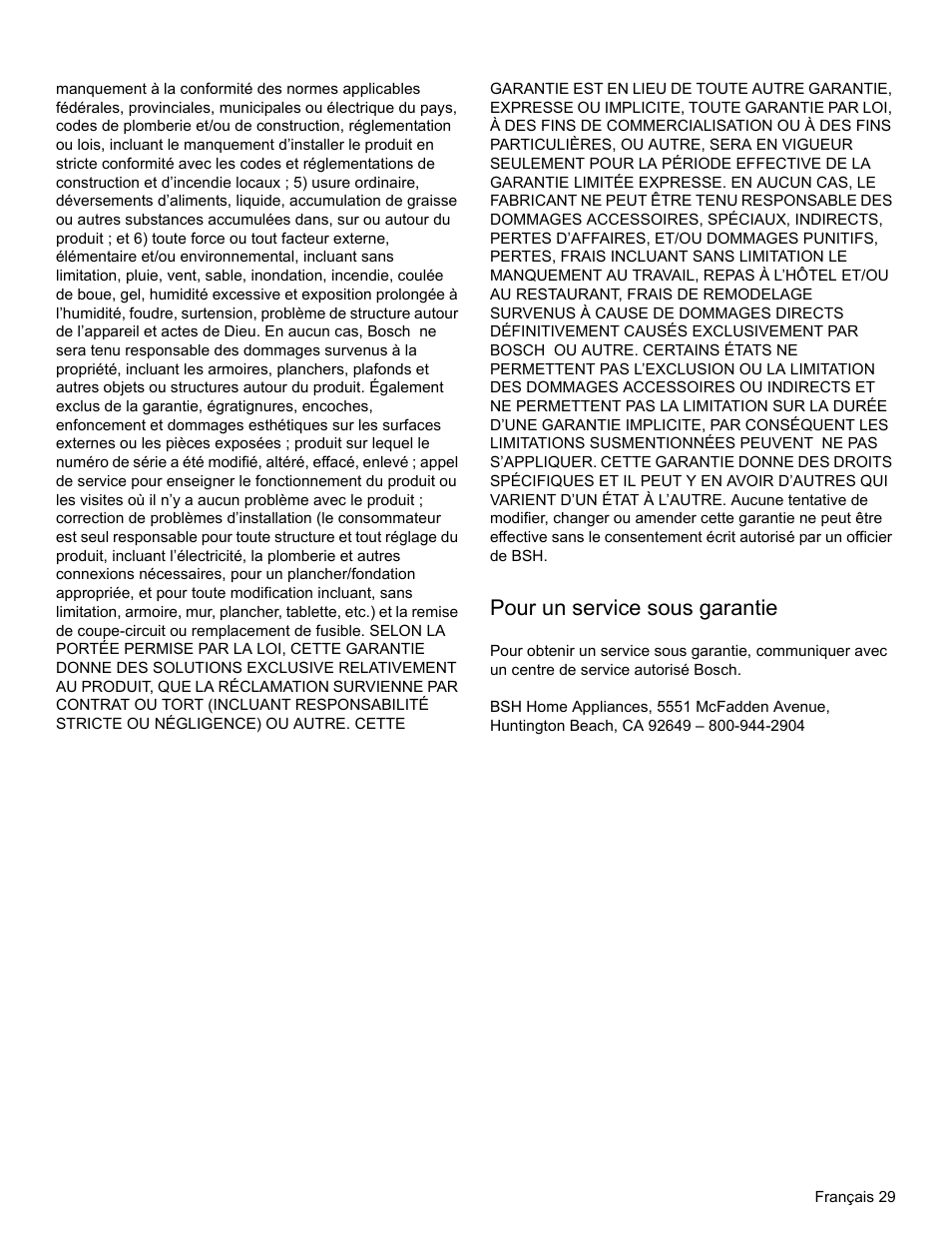 Pour un service sous garantie | Bosch HGS3023UC User Manual | Page 62 / 96