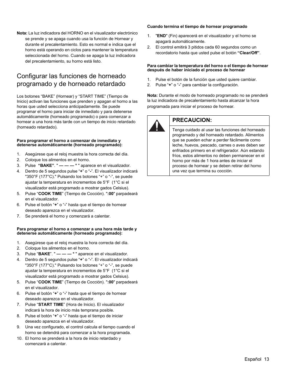 Cuando termina el tiempo de hornear programado, Precaucion | Bosch HGS3023UC User Manual | Page 78 / 96