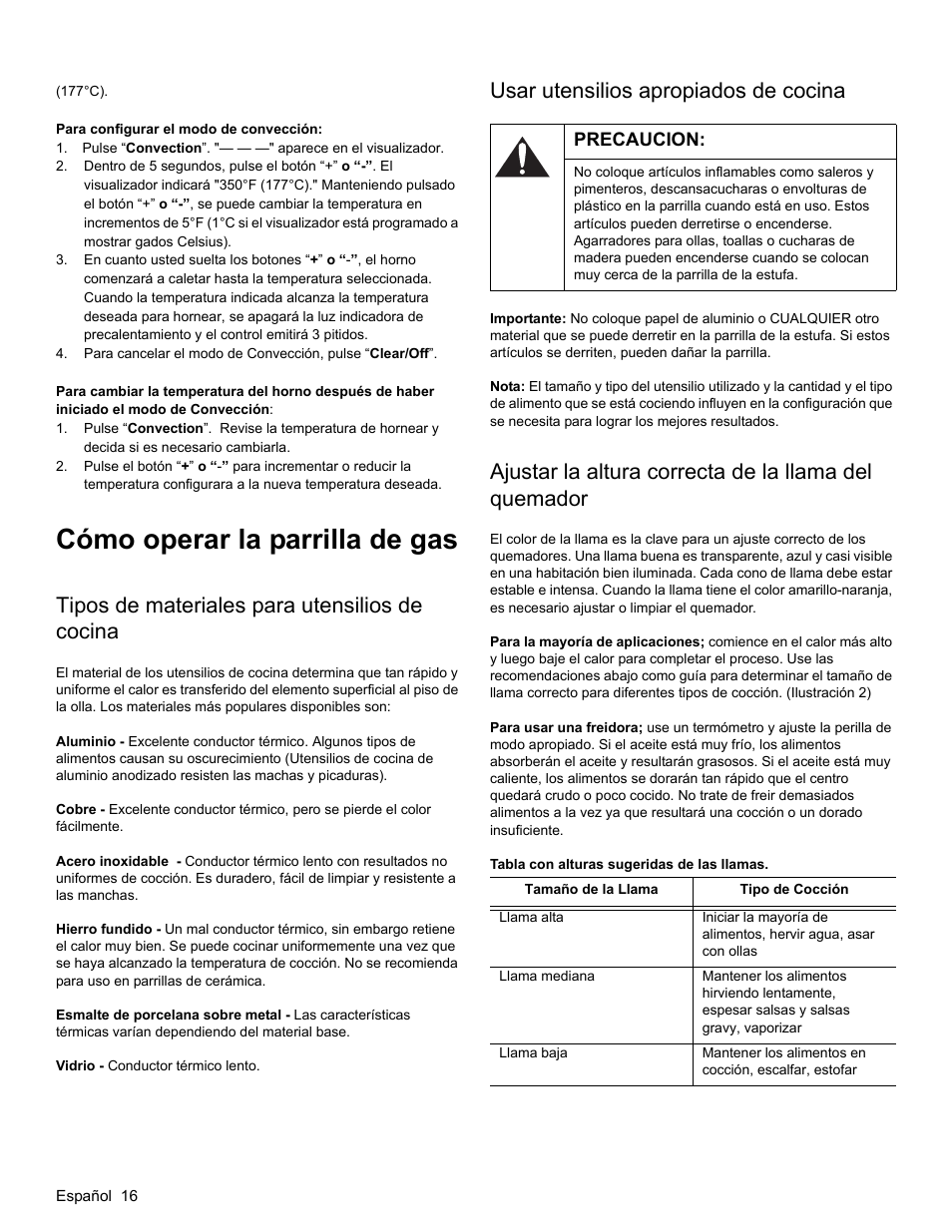 Tipos de materiales para utensilios de cocina, Usar utensilios apropiados de cocina, Precaucion | Cómo operar la parrilla de gas | Bosch HGS3023UC User Manual | Page 81 / 96