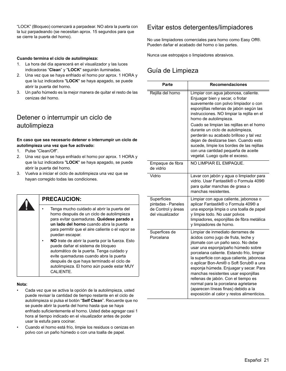 Detener o interrumpir un ciclo de autolimpieza, Precaucion, Nota | Evitar estos detergentes/limpiadores, Guía de limpieza | Bosch HGS3023UC User Manual | Page 86 / 96