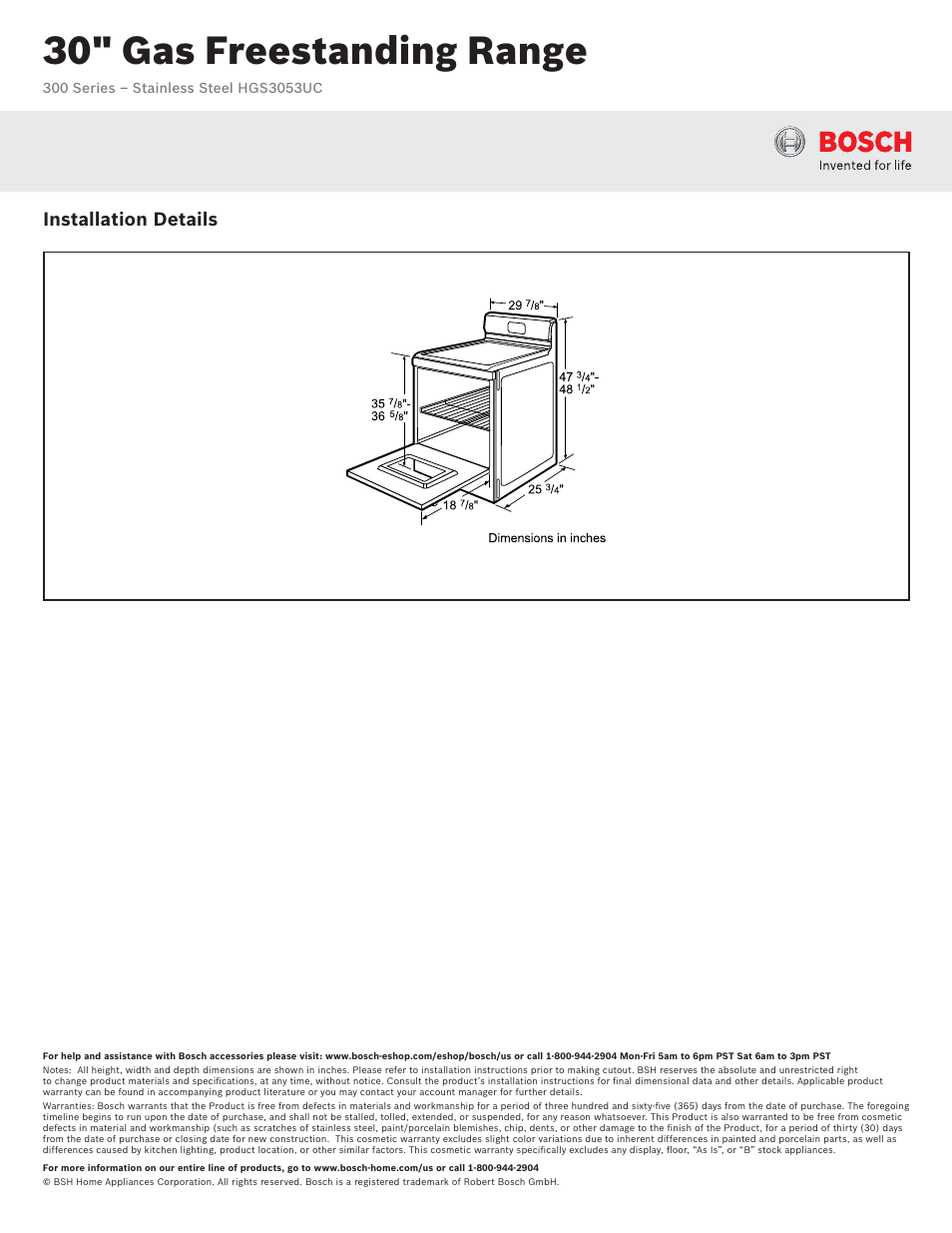 30" gas freestanding range, Installation details | Bosch HGS3053UC User Manual | Page 2 / 2