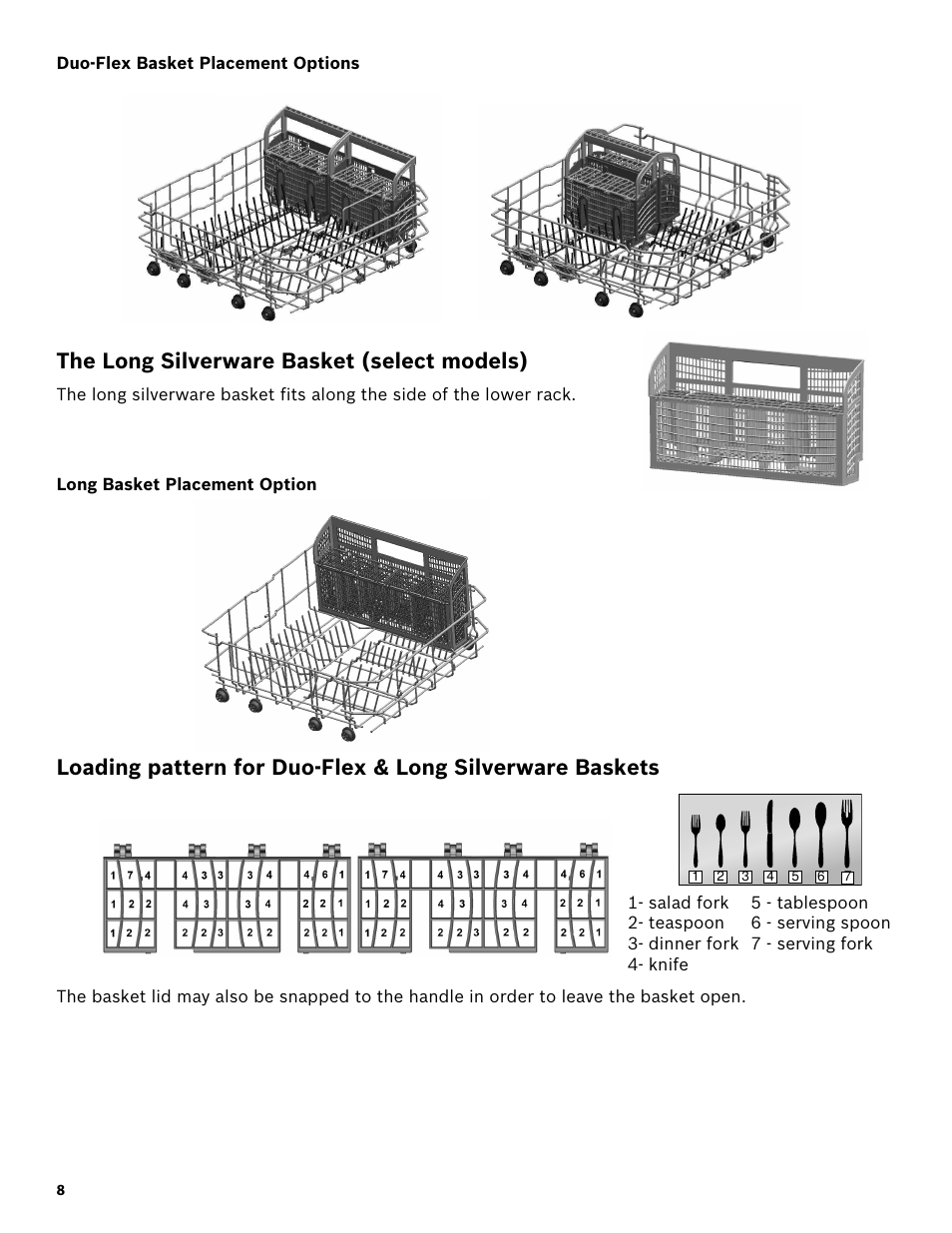 Duo-flex basket placement options, The long silverware basket (select models), Long basket placement option | Bosch SHX3AR52UC User Manual | Page 10 / 64