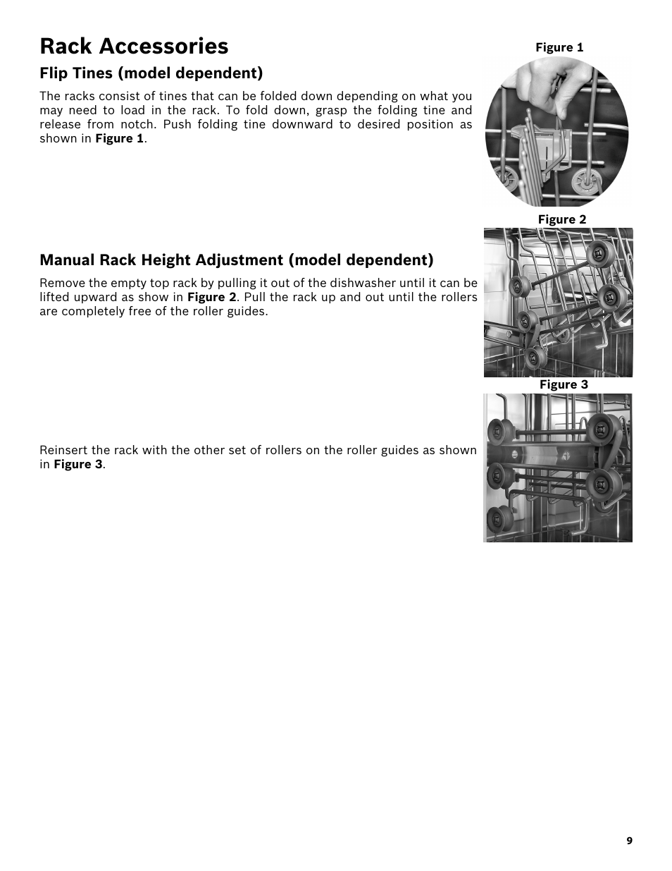 Rack accessories, Flip tines (model dependent), Manual rack height adjustment (model dependent) | Bosch SHX3AR52UC User Manual | Page 11 / 64