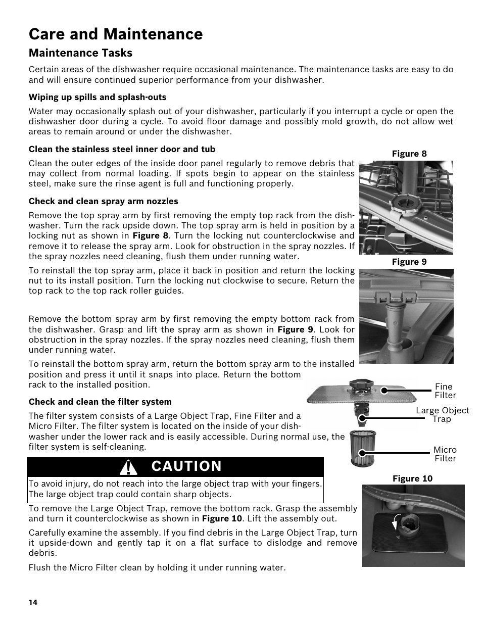 Care and maintenance, Maintenance tasks, Wiping up spills and splash-outs | Clean the stainless steel inner door and tub, Check and clean spray arm nozzles, Check and clean the filter system, Caution | Bosch SHX3AR52UC User Manual | Page 16 / 64