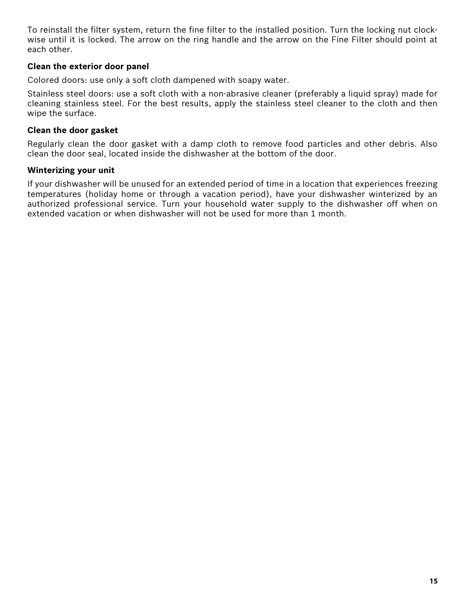 Clean the exterior door panel, Clean the door gasket, Winterizing your unit | Bosch SHX3AR52UC User Manual | Page 17 / 64