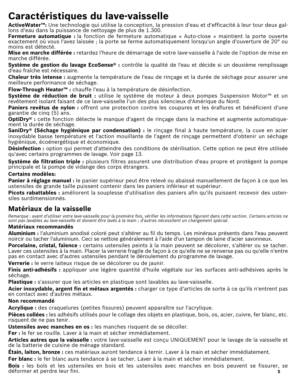 Caractéristiques du lave-vaisselle, Certains modèles, Matériaux de la vaisselle | Matériaux recommandés, Non recommandé | Bosch SHX3AR52UC User Manual | Page 27 / 64