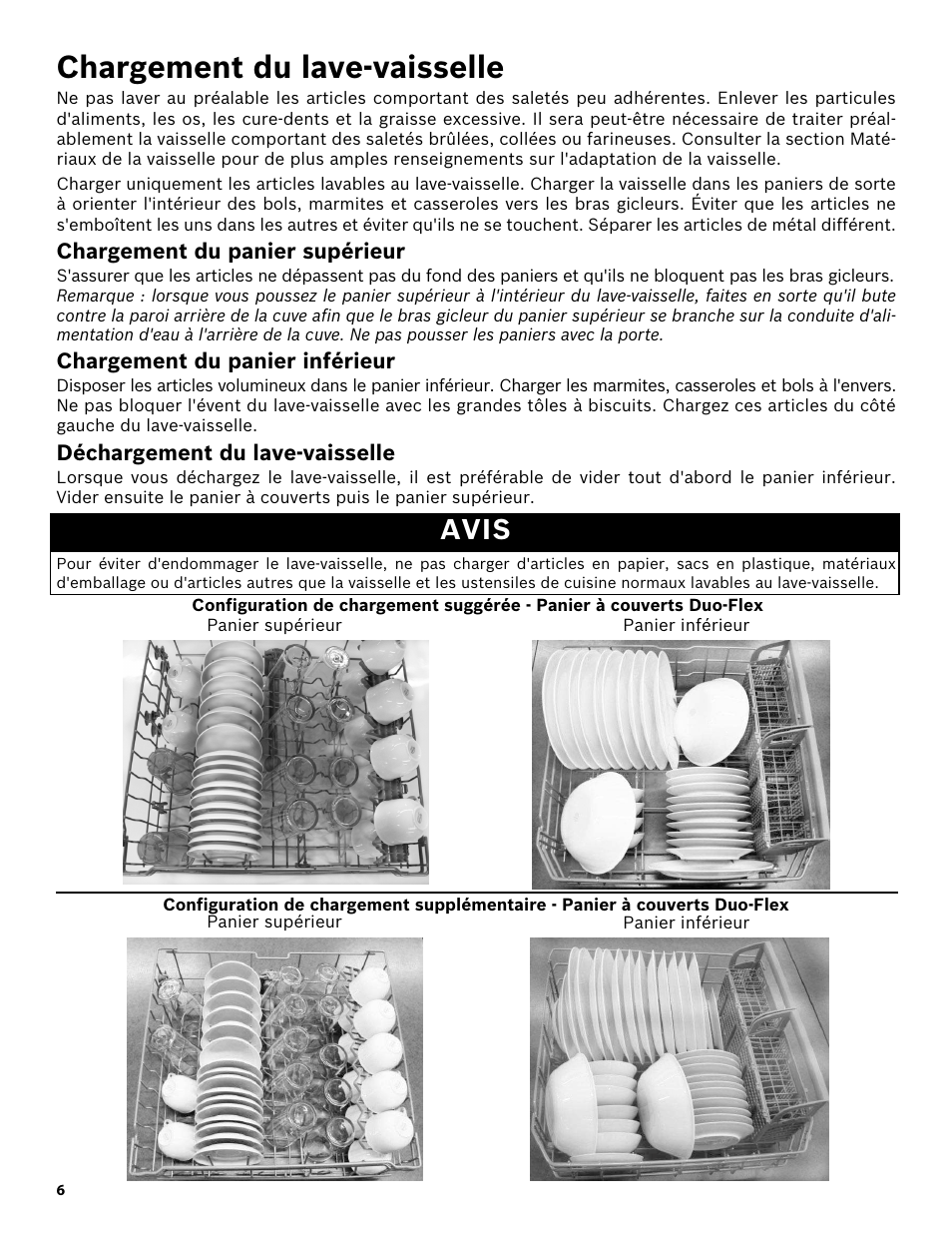 Chargement du lave-vaisselle, Chargement du panier supérieur, Chargement du panier inférieur | Déchargement du lave-vaisselle, Avis | Bosch SHX3AR52UC User Manual | Page 28 / 64