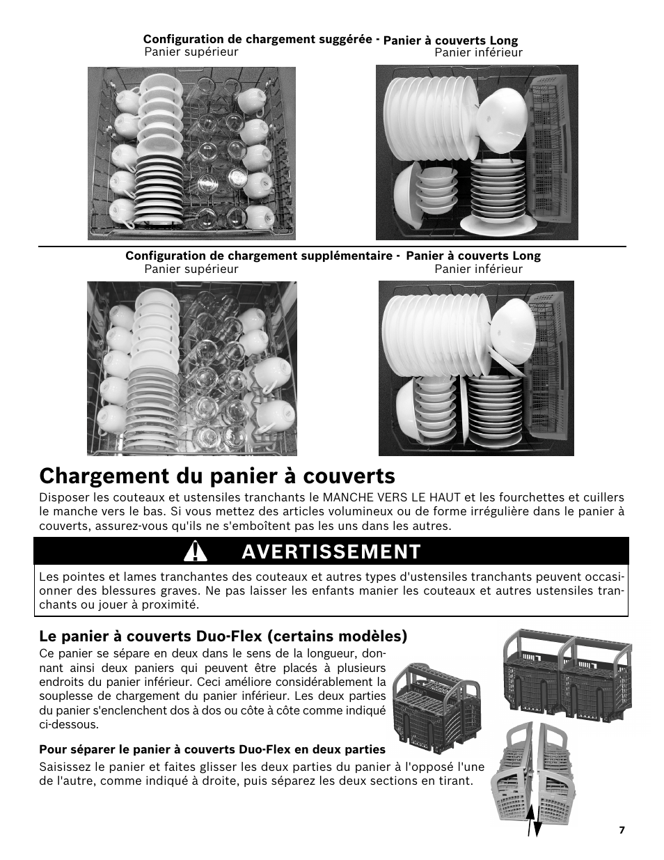 Avis, Chargement du panier à couverts, Avertissement | Le panier à couverts duo-flex (certains modèles) | Bosch SHX3AR52UC User Manual | Page 29 / 64