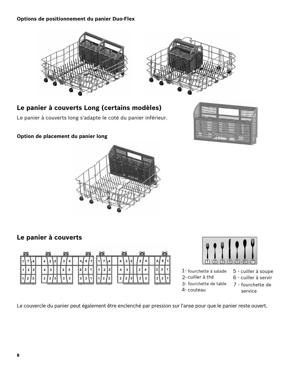 Options de positionnement du panier duo-flex, Le panier à couverts long (certains modèles), Option de placement du panier long | Le panier à couverts | Bosch SHX3AR52UC User Manual | Page 30 / 64