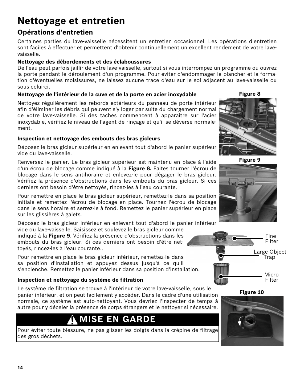 Nettoyage et entretien, Opérations d'entretien, Nettoyage des débordements et des éclaboussures | Inspection et nettoyage du système de filtration, Mise en garde | Bosch SHX3AR52UC User Manual | Page 36 / 64
