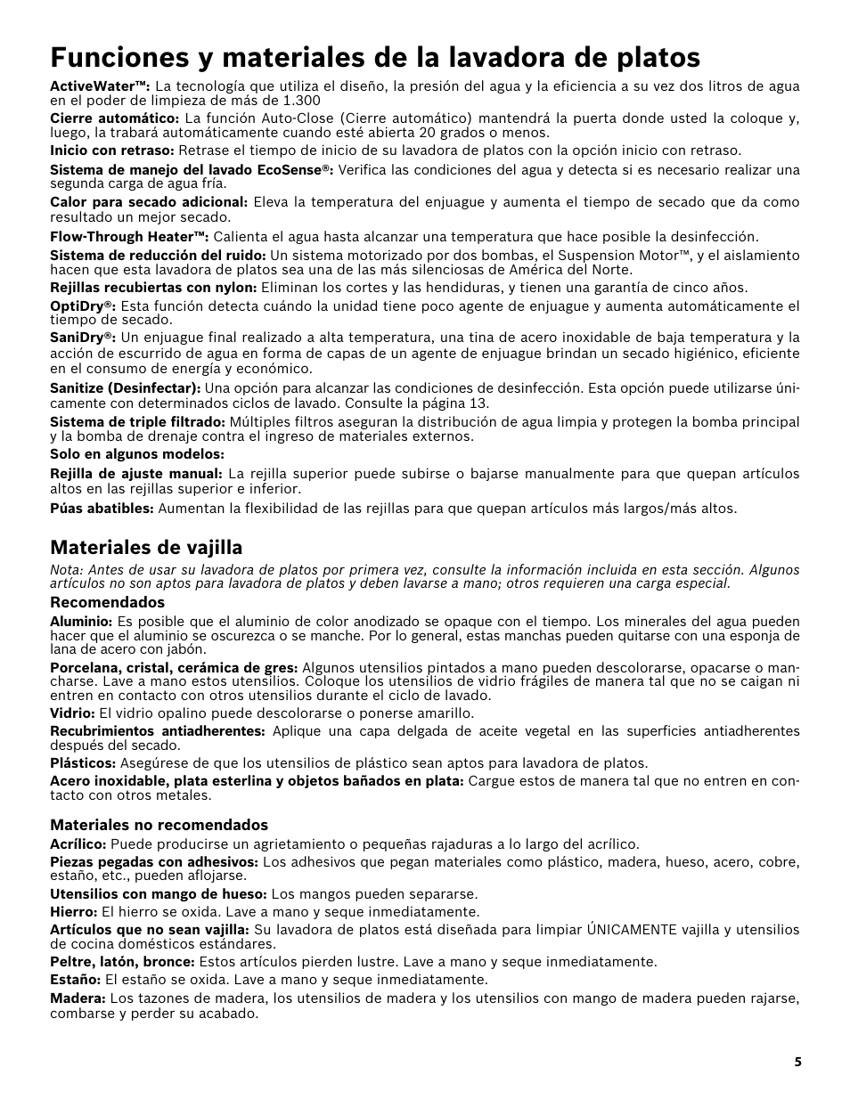 Funciones y materiales de la lavadora de platos, Solo en algunos modelos, Materiales de vajilla | Recomendados, Materiales no recomendados | Bosch SHX3AR52UC User Manual | Page 47 / 64