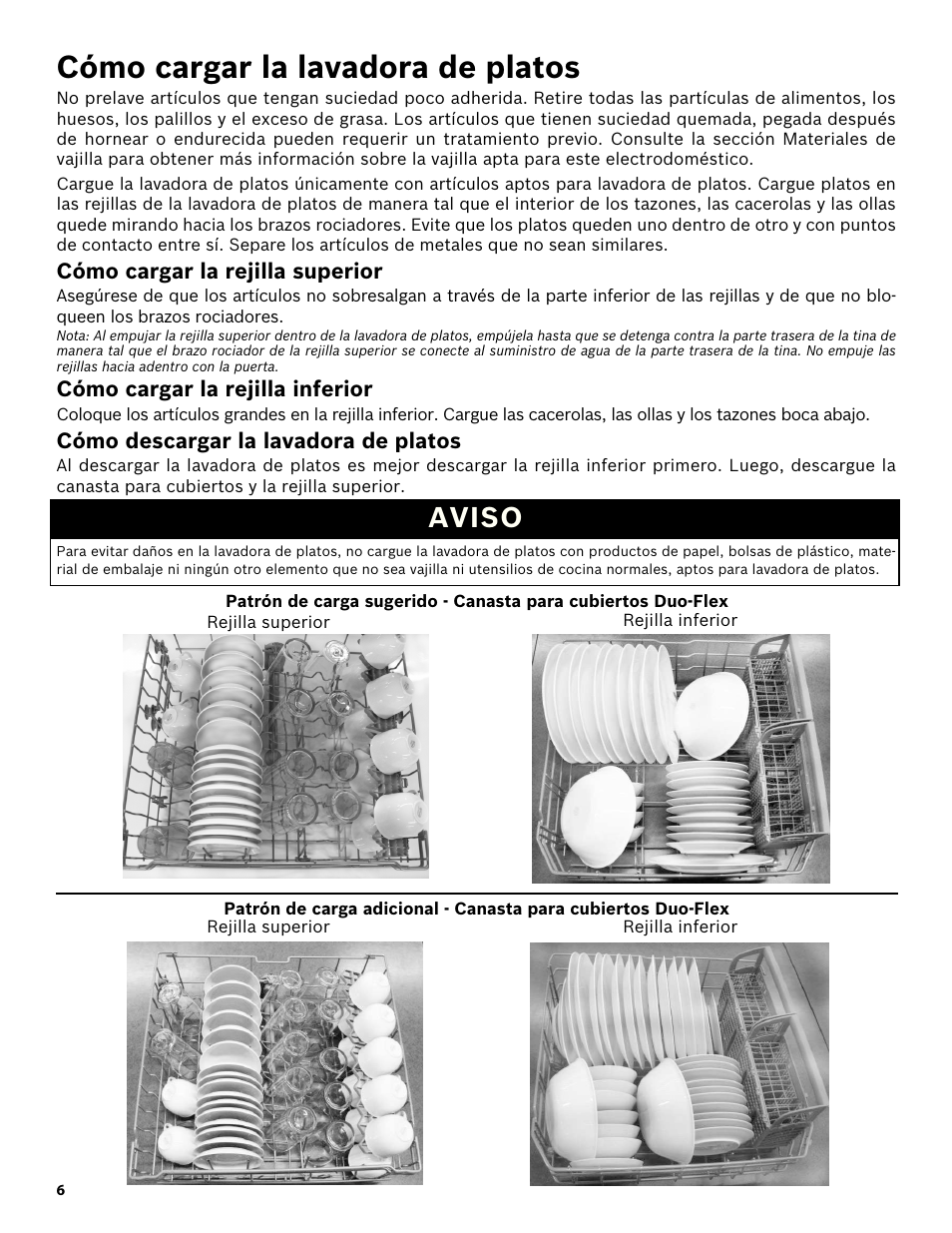 Cómo cargar la lavadora de platos, Cómo cargar la rejilla superior, Cómo cargar la rejilla inferior | Cómo descargar la lavadora de platos, Aviso | Bosch SHX3AR52UC User Manual | Page 48 / 64