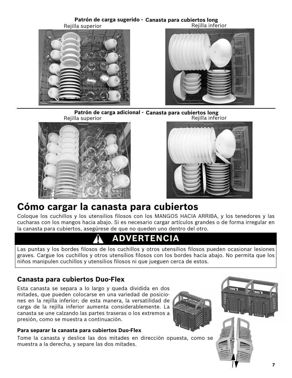 Cómo cargar la canasta para cubiertos, Advertencia, Canasta para cubiertos duo-flex | Para separar la canasta para cubiertos duo-flex | Bosch SHX3AR52UC User Manual | Page 49 / 64