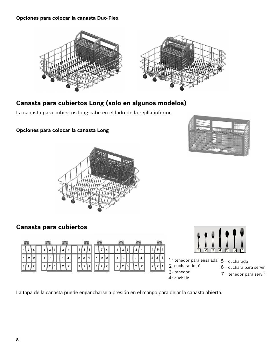 Opciones para colocar la canasta duo-flex, Opciones para colocar la canasta long, Canasta para cubiertos | Bosch SHX3AR52UC User Manual | Page 50 / 64