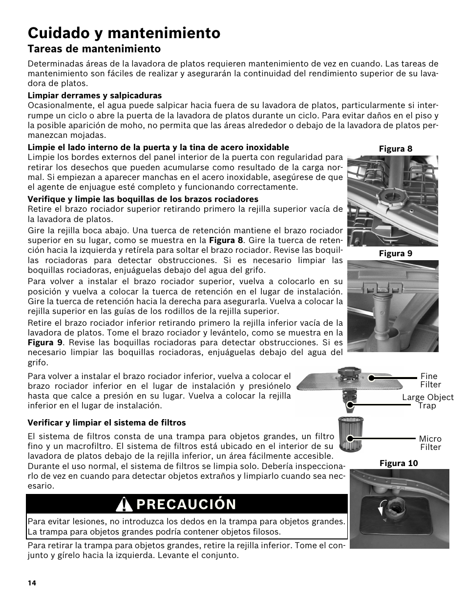 Cuidado y mantenimiento, Tareas de mantenimiento, Limpiar derrames y salpicaduras | Verificar y limpiar el sistema de filtros, Precaución | Bosch SHX3AR52UC User Manual | Page 56 / 64
