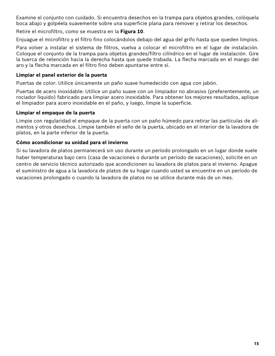 Limpiar el panel exterior de la puerta, Limpiar el empaque de la puerta, Cómo acondicionar su unidad para el invierno | Bosch SHX3AR52UC User Manual | Page 57 / 64